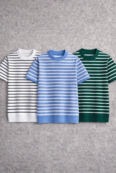 threeoff Premium ριγέ πλεκτό μπλουζάκι ανδρικό, στενή εφαρμογή, κοντομάνικο, ...