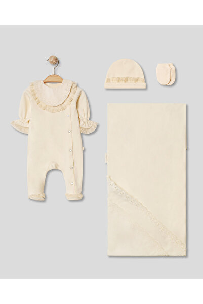 Pugi Baby Natural Embroidered Detailed 4-Piece Newborn Baby Girl Hospital Out...