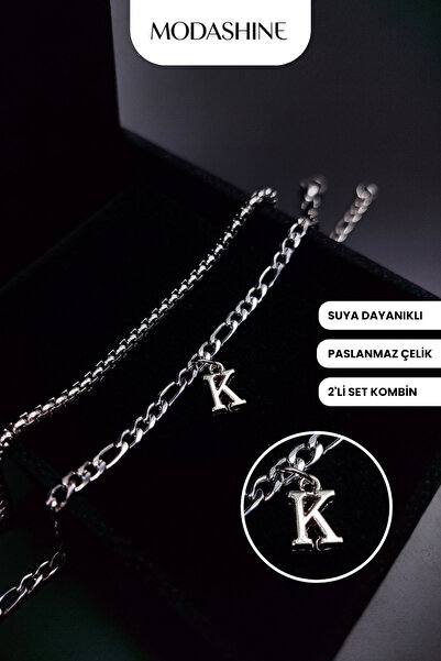 ModaShineShop طقم أساور مكون من قطعتين بحرف K - هدية للأم والأب من الفولاذ ال...