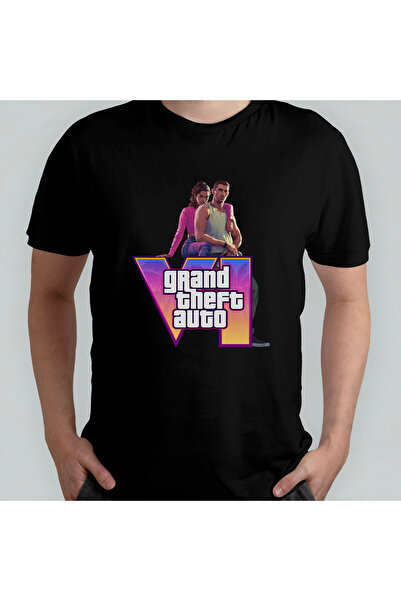 Pixxa تي شيرت GTA VI Grand Theft Auto 6 للجنسين مصنوع من القطن بنسبة 100% برق...