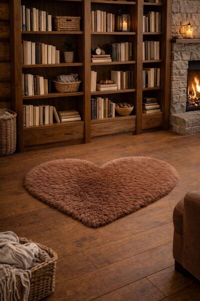 Emmy Home KUZU POST PELUŞ PREMİUM KALİTE KALP DESEN YUMUŞAK TÜYLÜ HALI - KAHV...