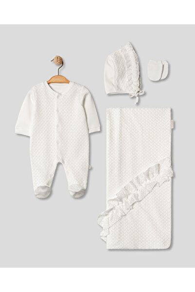 Pugi Baby Knitwear Detailed 4-Piece Newborn Baby Girl Hospital Outfit 100% Co...