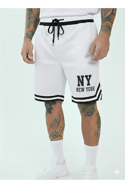 NİCE Printed Ny Design Men's Black Basketball Shorts - Retro Style Non-Grid C...