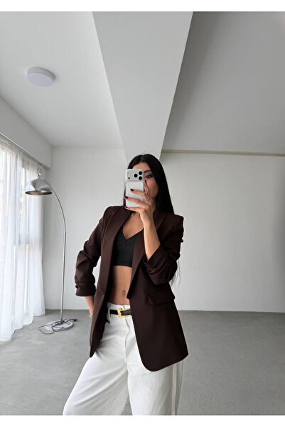 Lunea Womens Kadın Kahverengi Şal Yaka Astarlı Büzgülü Kol Blazer Ceket