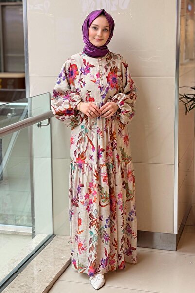 Ghisa Yaka Yarım Düğmeli Desenli Elbise