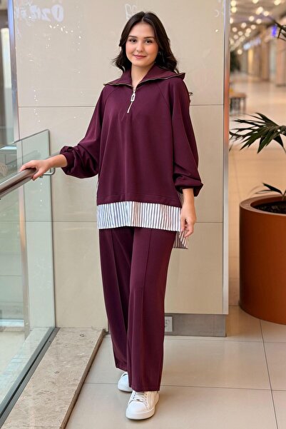 Nuss Collared Zippered Striped Poplin Combination Tunic and Trousers Set
