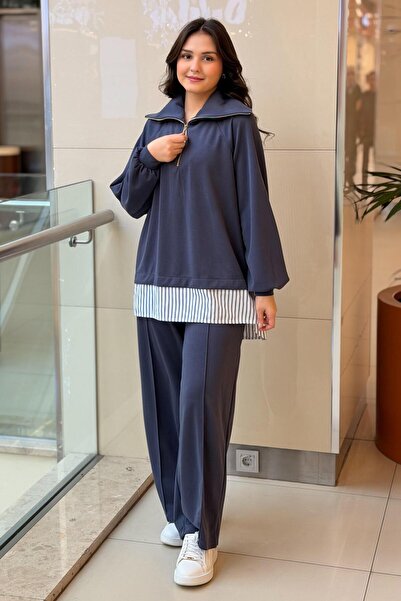 Nuss Collared Zippered Striped Poplin Combination Tunic and Trousers Set
