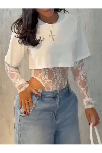 Mystique Feminine Ekru Transparan Dantelli Kadın Body Suit Şık Günlük Kombin,...