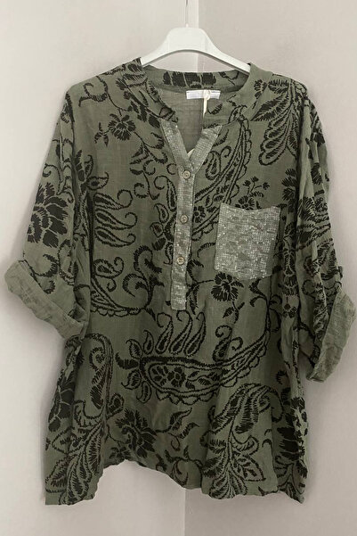 AYASOFYA OTANTIK Women's Italian Khaki Sequin Detailed Shawl Collar and Pocke...