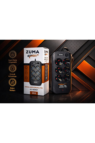 Zuma STAR Termal Akım Korumalı 6’lı Priz 2 Metre | 4000W | Çocuk Korumalı