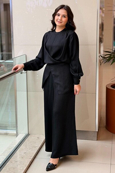 Ghisa Yakası Fermuarlı Önü Bağlamalı Tunik Pantolon Takım