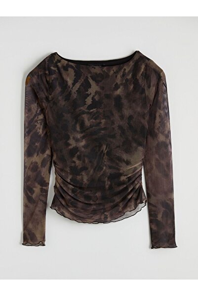 LC Waikiki Lcw vision brown boat neck leopard print ruched blouse