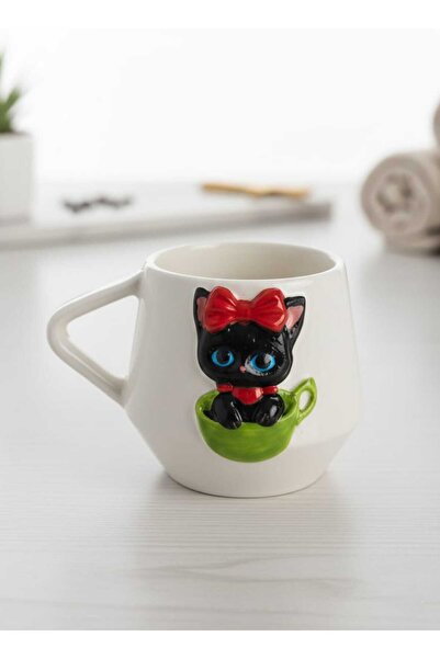 SeraCEY Kedi Desenli 3D Kabartma El İşlemeli Özel Tasarım El Yapımı Seramik Kupa