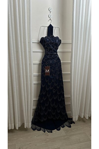 Ora navy blue dress with trim