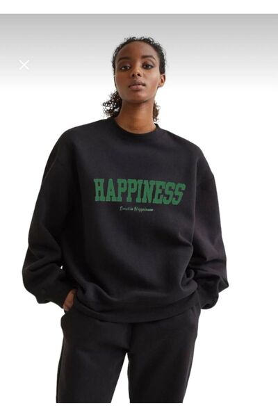 LELVANİ Unisex Happiness Green Printed Sweatshirt with Circular Neckline