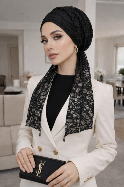 Aişe tesettür Black Sparkling Lace Scarf Bonnet
