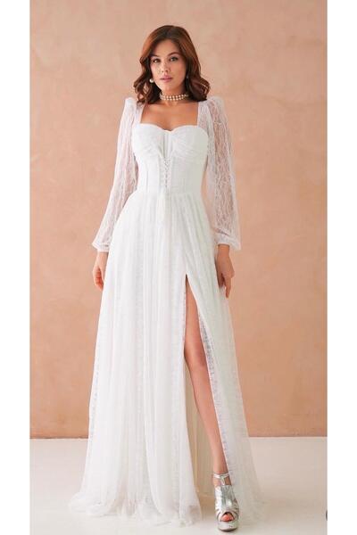 BK BOUTİQUE Korse Detaylı Belden Bağcıklı Yırtmaçlı Dantel Abiye