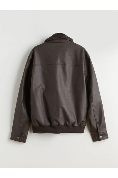 LC Waikiki Brown Standard Fit Fur Collar Men's Leather-Look Coat