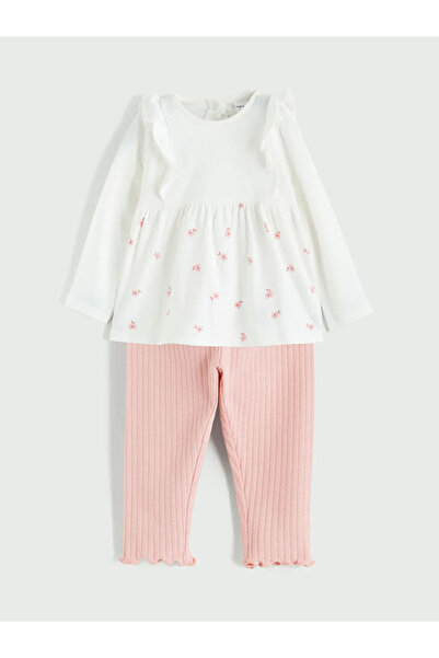 LC Waikiki Ecru floral baby girl blouse and leggings