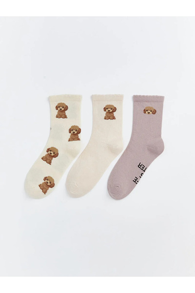 LC Waikiki Ecru Dog Printed Women's Socks 3-Piece Set