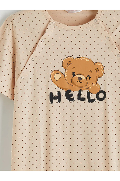 LC Waikiki Μπεζ νυχτικό εγκυμοσύνης με λαιμόκοψη πόλο και πουά σχέδιο