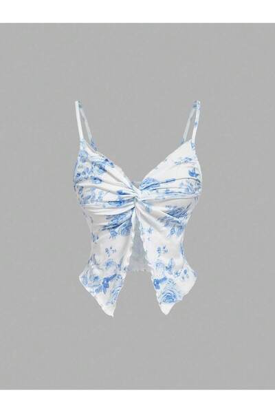 Wild Flower White Floral Pattern Front Twist Thin Strap Alaçatı Crop