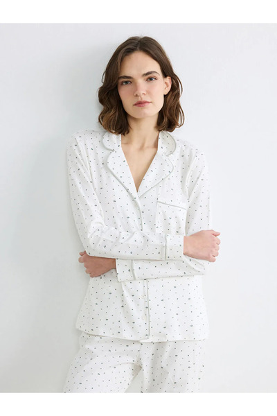 LC Waikiki Set de pijamale pentru femei, ecru, cu guler tip cămașă și imprime...