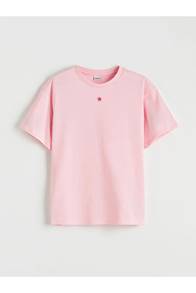 LC Waikiki Tricou roz pentru fete cu decolteu rotund și detaliu brodat