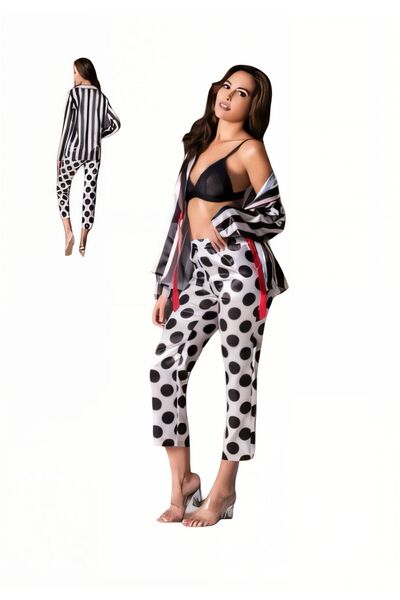 LOOMERİE Women's two-piece set in a polka dot and stripe pattern - long-sleev...