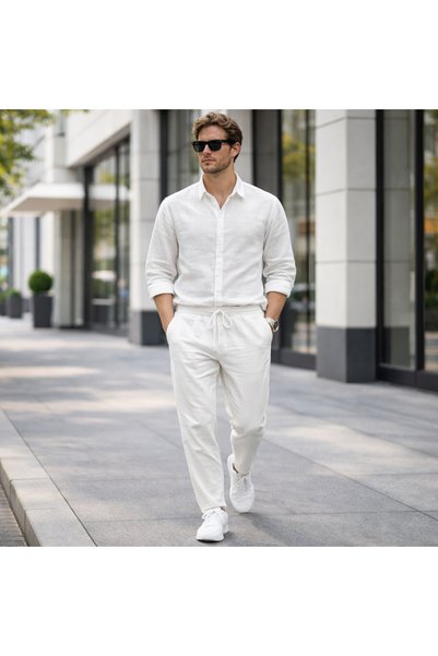 tiggir moda Men's Muslin Fabric Shirt Pants 2-Piece Set
