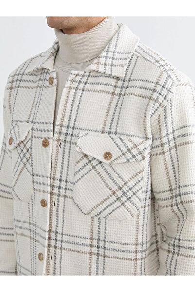 LC Waikiki Ecru Regular Fit Plaid Wool Blend Men's Shirt Jacket