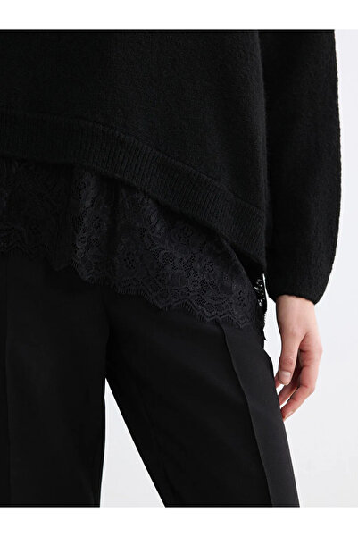 LC Waikiki Black V-Neck Lace Detailed Women's Knitwear Sweater