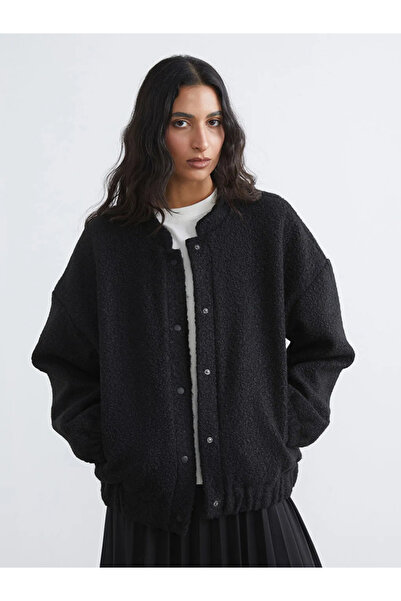 LC Waikiki Black College Collar Oversized Women's Plush Coat