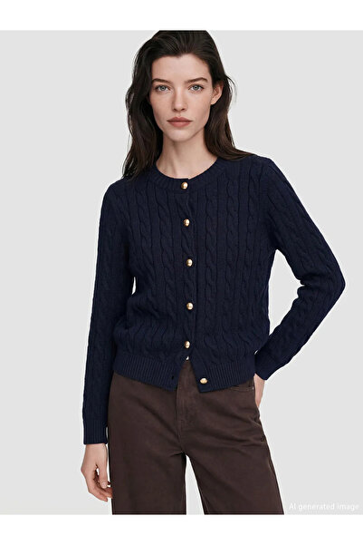 LC Waikiki Navy Blue Crew Neck Patterned Women's Knitwear Cardigan