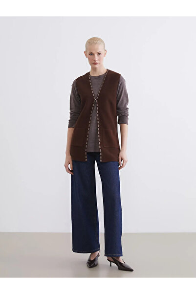 LC Waikiki Brown V-Neck Patterned Women's Knitwear Vest