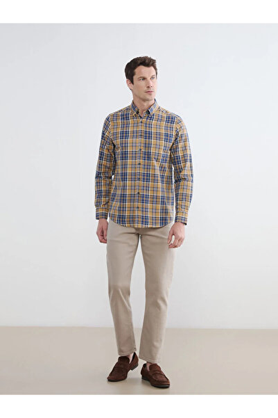 LC Waikiki Yellow Regular Fit Plaid Patterned Gabardine Men's Shirt