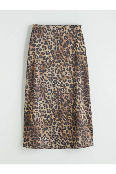 LC Waikiki Καφέ σατέν φούστα με σχέδιο λεοπάρ