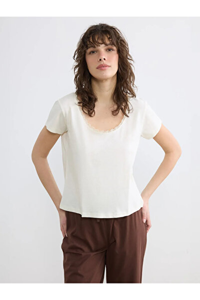 LC Waikiki Top de pijama pentru femei, ecru, cu decolteu tip crewneck