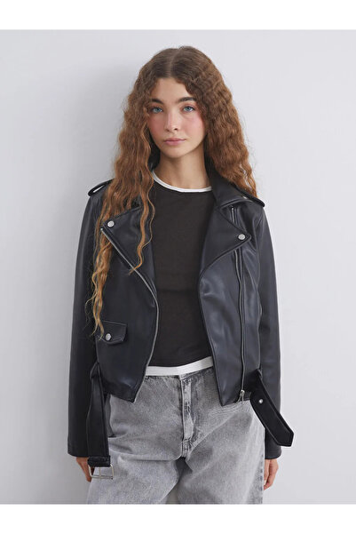 LC Waikiki Black Biker Collar Women's Leather Look Jacket