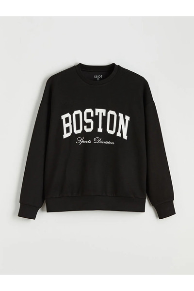 LC Waikiki Hanorac negru pentru femei, cu imprimeu Boston, moale la atingere