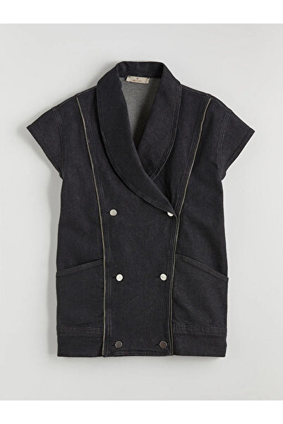 LC Waikiki Gray Double-Breasted Collared Women's Jean Vest