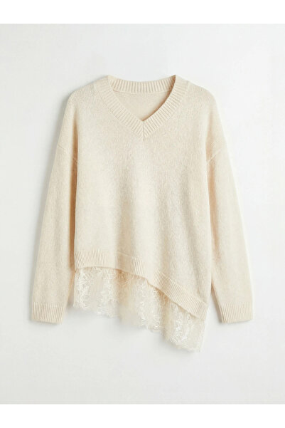 LC Waikiki Ecru v-neck lace detailed women's knit sweater