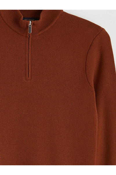 LC Waikiki Brown Half-Zip High-Neck Men's Knit Sweater