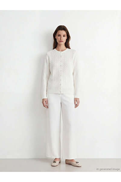 LC Waikiki Ecru Crew Neck Self Patterned Women's Knitwear Cardigan