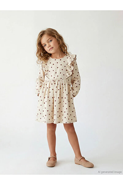 LC Waikiki Екрю рокля за момиче с флорален принт с кръгло деколте и овал