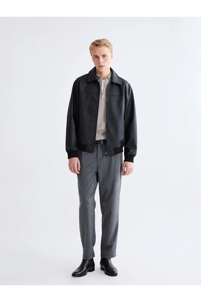 LC Waikiki Μαύρο ανδρικό δερμάτινο παλτό με γιακά πουκάμισου