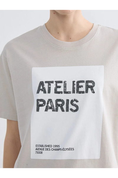 LC Waikiki Gray Paris Printed Oversized Women's T-Shirt