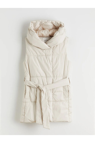 LC Waikiki Vestă de damă cu glugă, bej, cu centură în talie