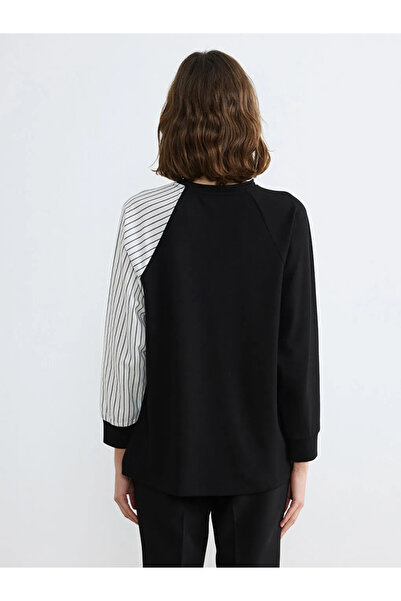 LC Waikiki Tunica neagră cu guler rotund dungi pentru femei Swea tricou