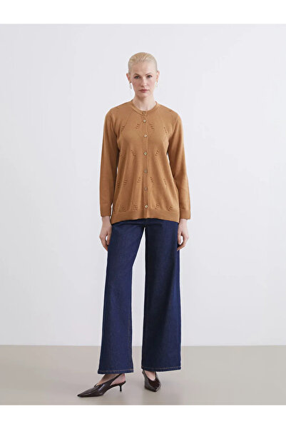 LC Waikiki Yellow Crew Neck Lace-Like Knit Women's Knitwear Cardigan